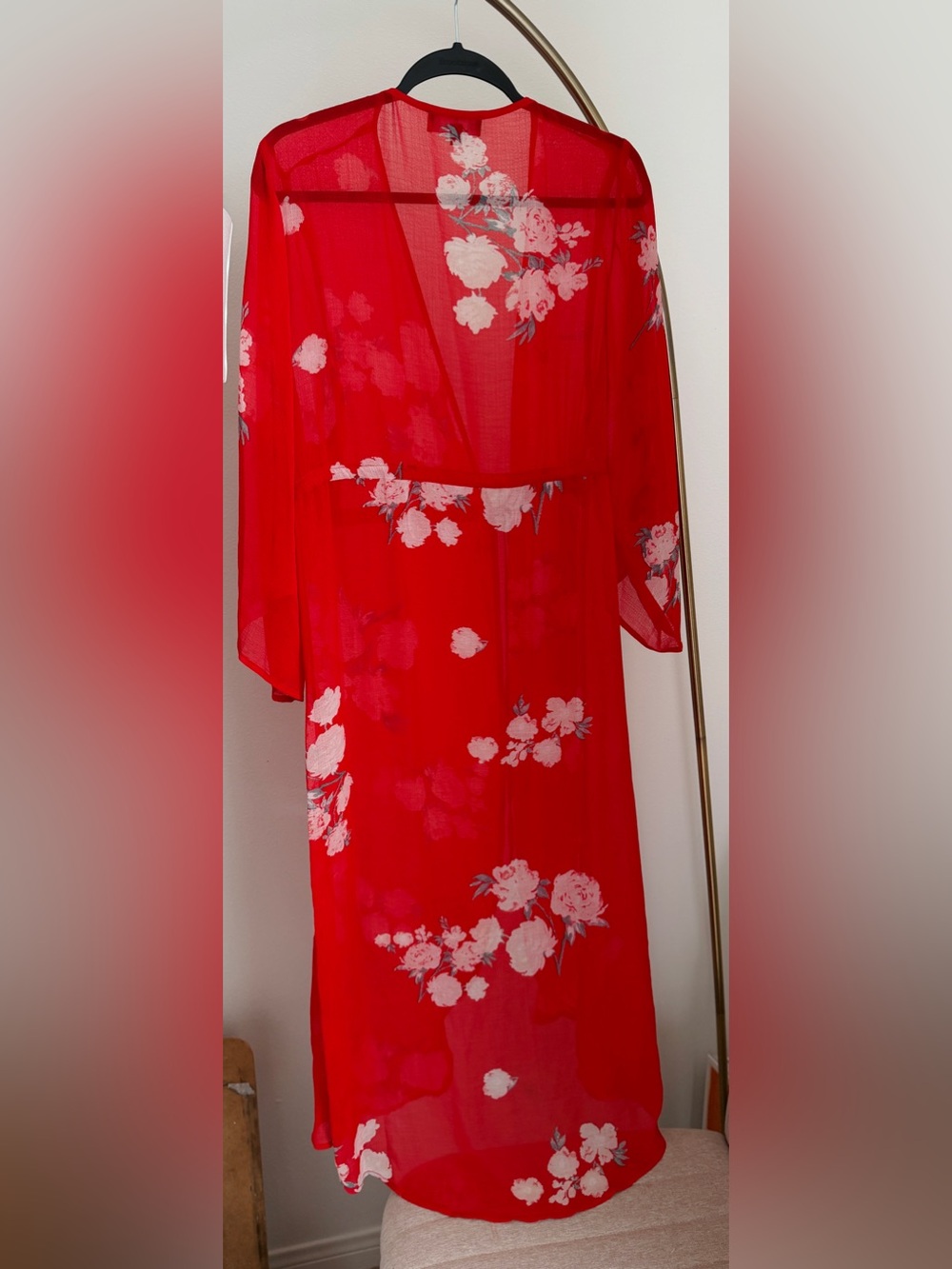 Lulu's Red Sheer Floral coverup with Tie Waist - Picture 2 of 3
